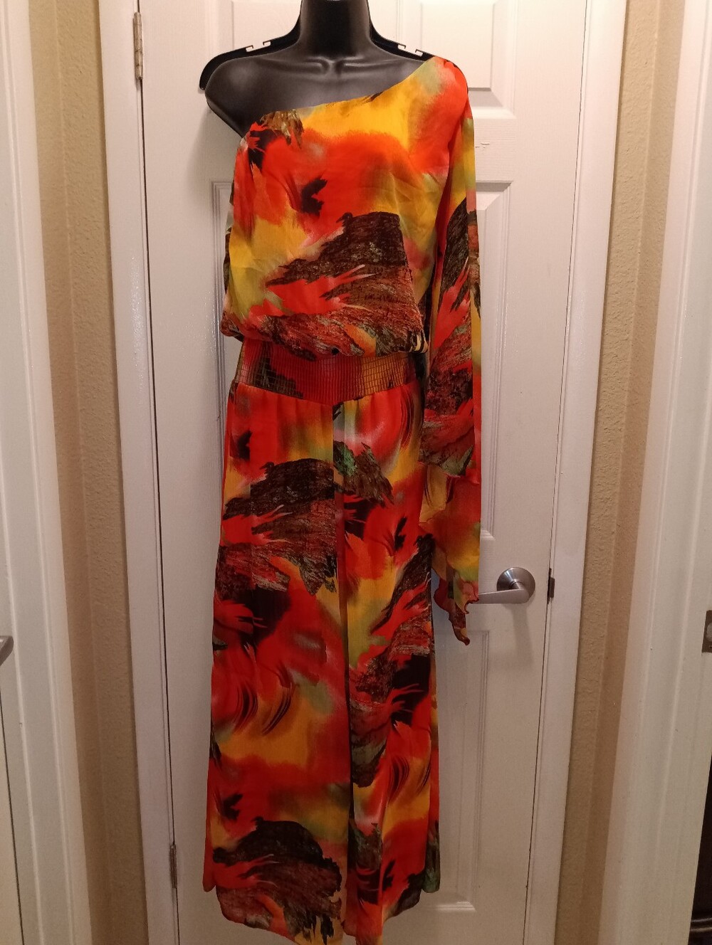 Va VA Voom One-Shoulder Orange & Yellow Floral Wide Leg Jumpsuit Sz S